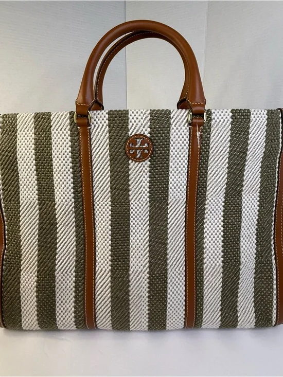 Tory Burch Blake Grove Green & White Striped Canvas Tote Cognac Leather Trim - Picture 3 of 14